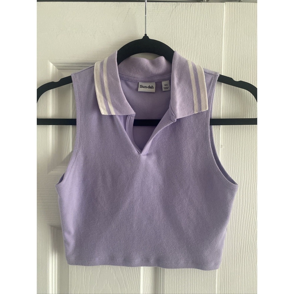 Sun-deh Sleeveless Polo Crop‎ Top Womens Size XS Purple Preppy Y2K Ribbed Knit